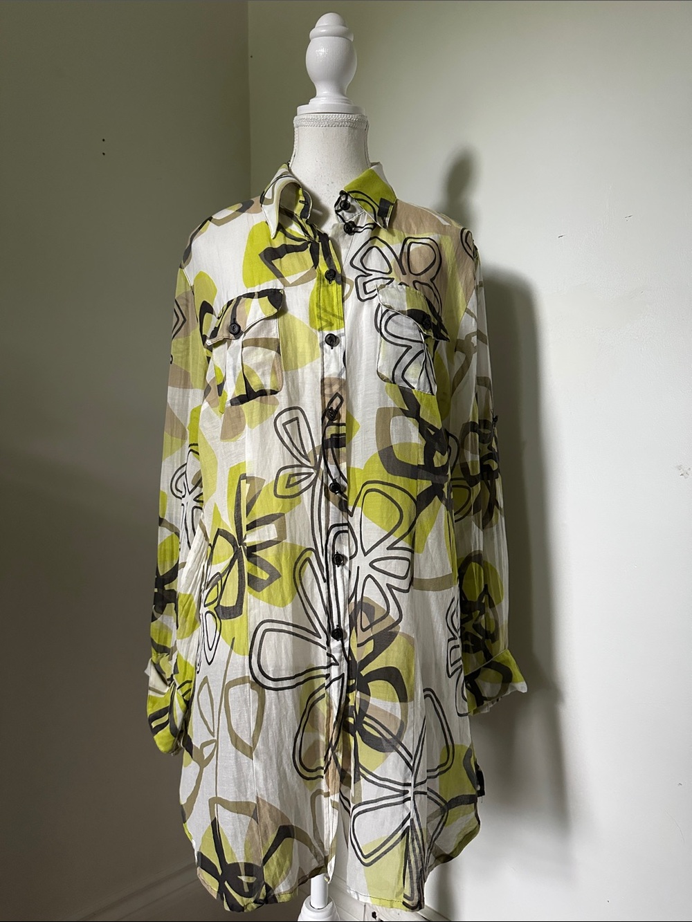 LUISA CERANO Cotton Silk Blend Retro Abstract Floral Sheer Blouse Sz 14